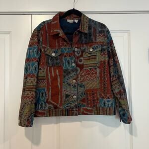 Chicos Women's Denim Jacket Funky‎ Pattern Button Up Multicolor Size Large